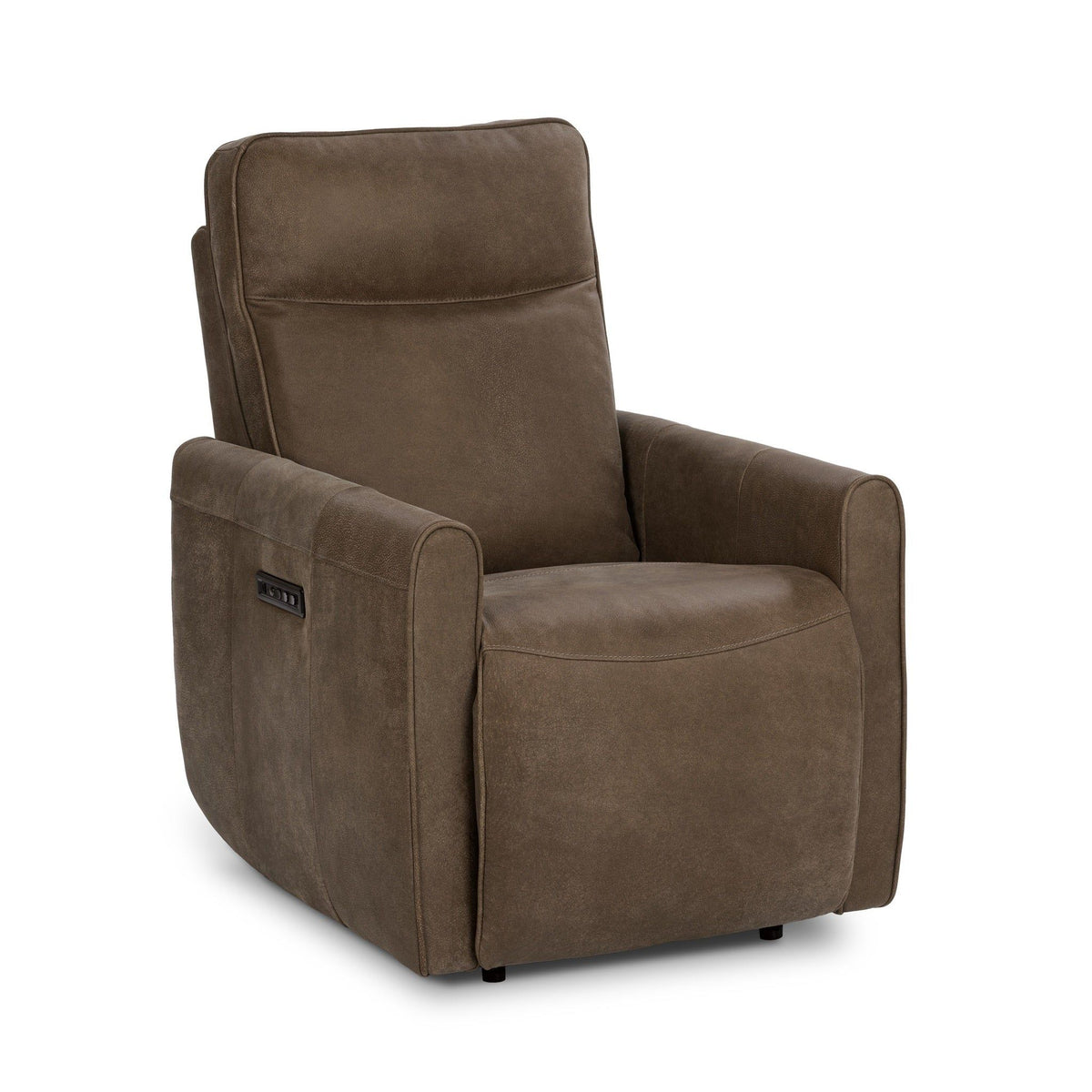 Toffee leather-look power recliner chair, front view with control panel on arm