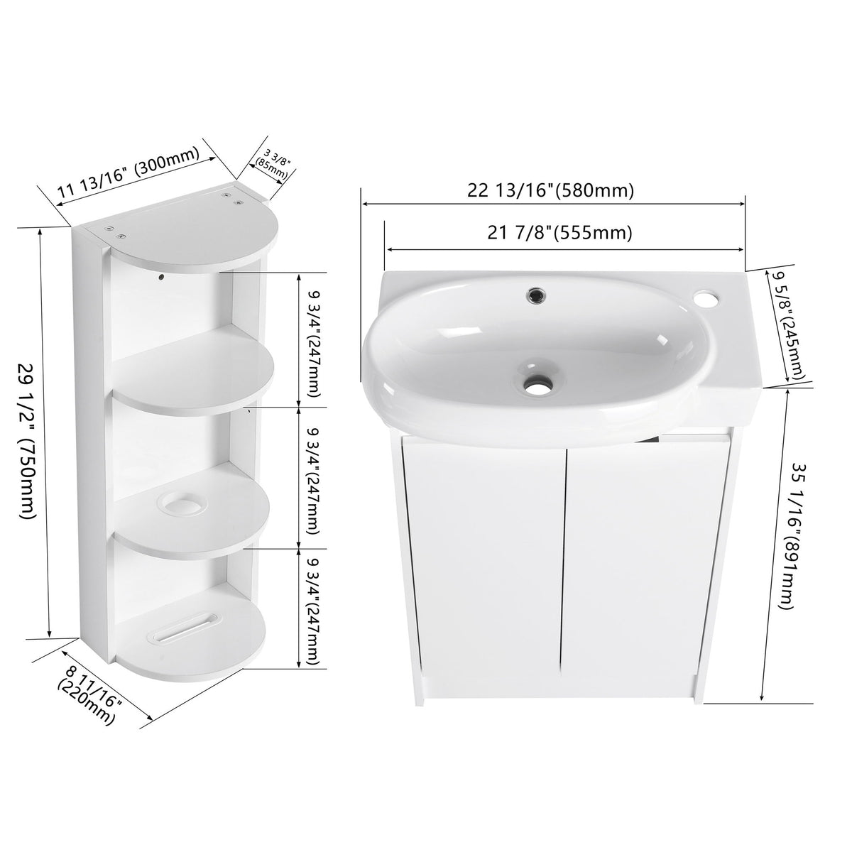 White freestanding bathroom vanity with integrated oval sink and two cabinet doors
