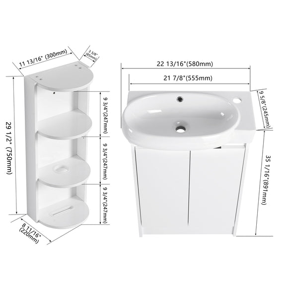 White freestanding bathroom vanity with integrated oval sink and two cabinet doors