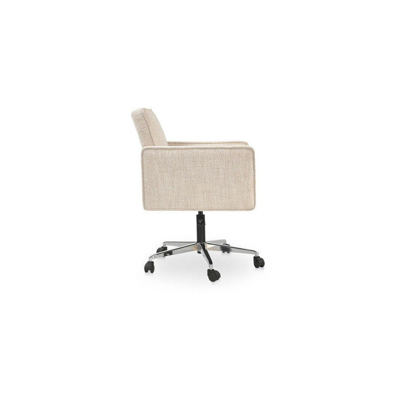 Beige upholstered office chair with tall back, armrests, and caster swivel base
