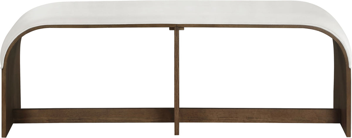 Velvet upholstered bench with white seat and dark wood frame, front view