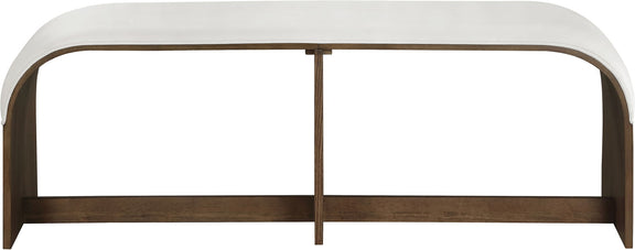 Velvet upholstered bench with white seat and dark wood frame, front view