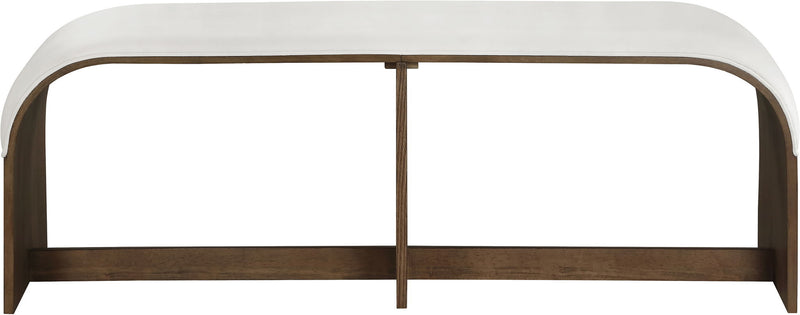 Velvet upholstered bench with white seat and dark wood frame, front view