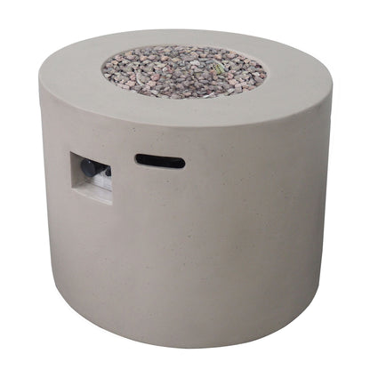 Light gray round fire pit with side ignition panel and pebble-filled fire bowl
