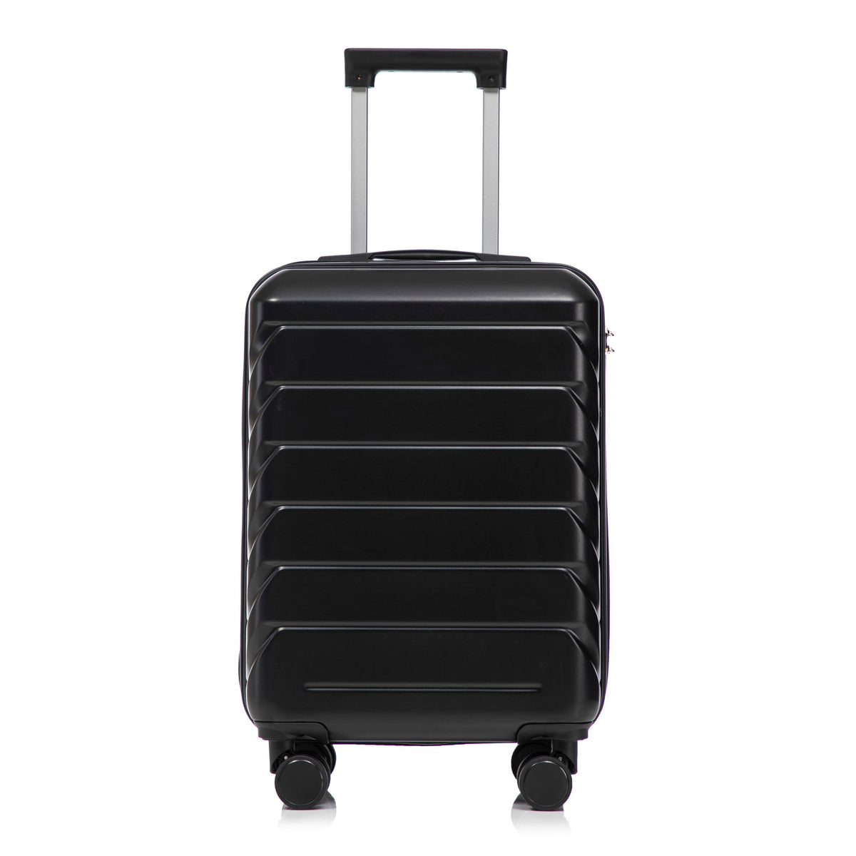 Hard-shell travel luggage in black with telescoping handle and four spinner wheels.