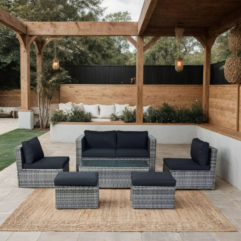 6 Piece Patio Wicker Sectional Set Patio Backyard Conversation Set Space Saving - Gray / Black