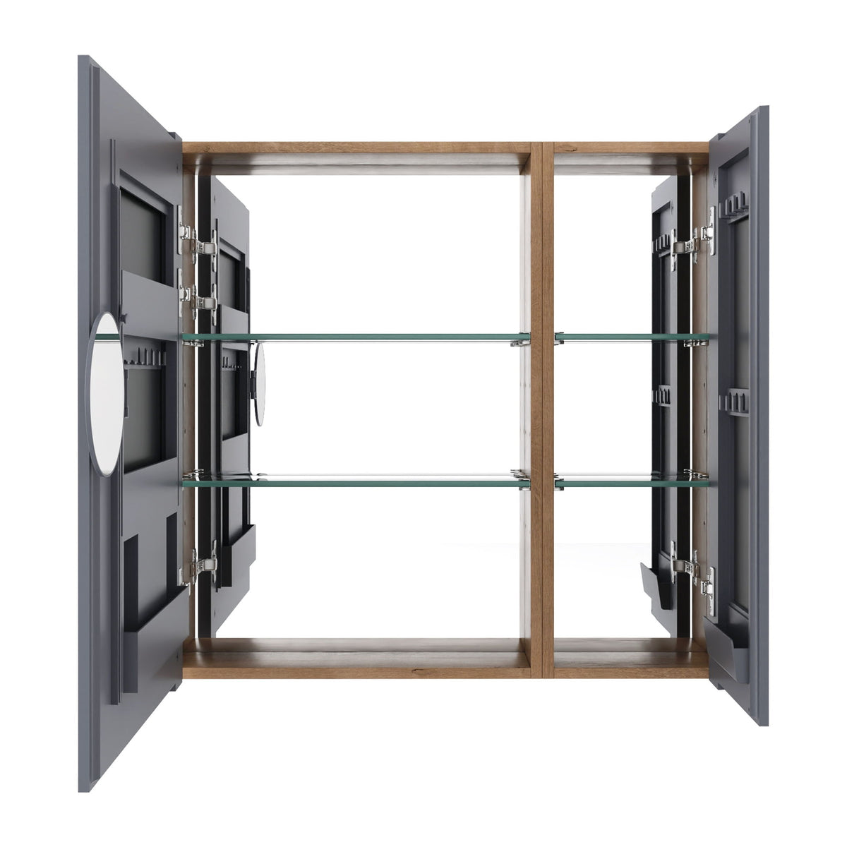 Oak-finish wall cabinet with adjustable shelves, open doors