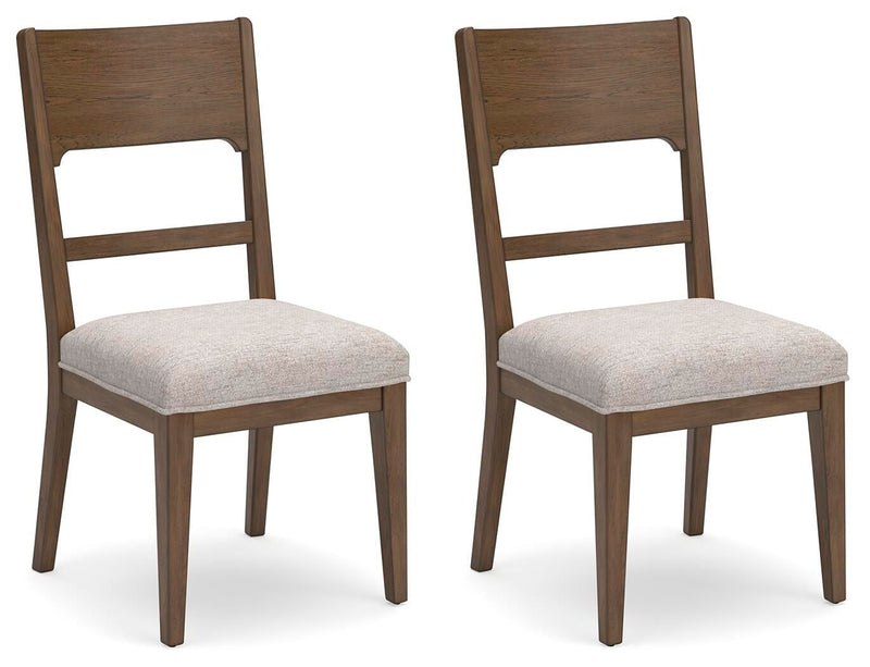Set of 2 oatmeal dining side chairs with light brown wooden backs and square padded seats