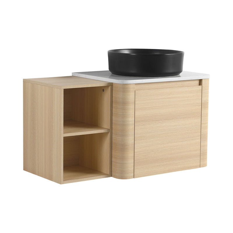 Mounted bathroom vanity with black vessel sink, open left shelf, and two-door cabinet
