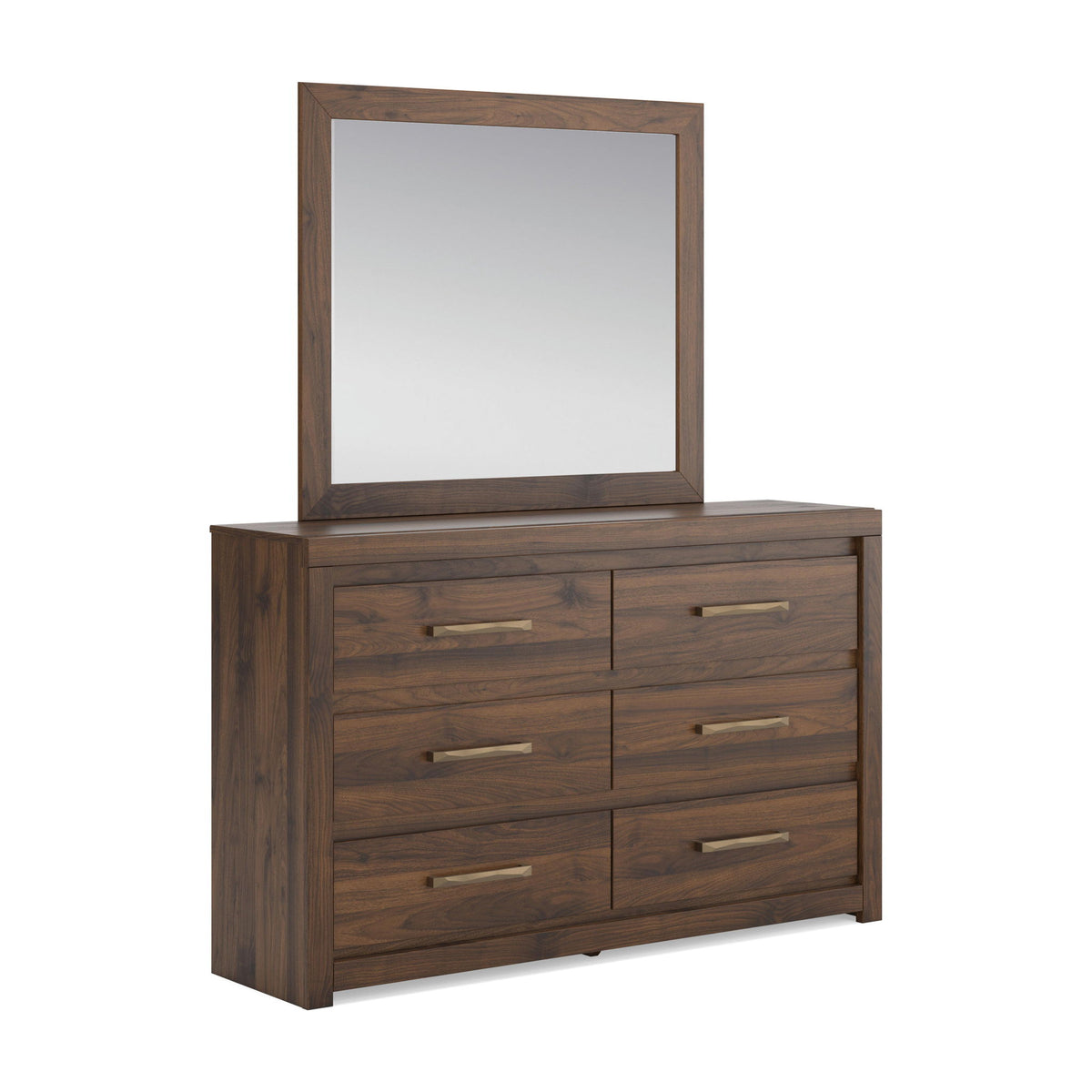 Light brown wood six-drawer dresser with raised rectangular mirror and bar drawer pulls