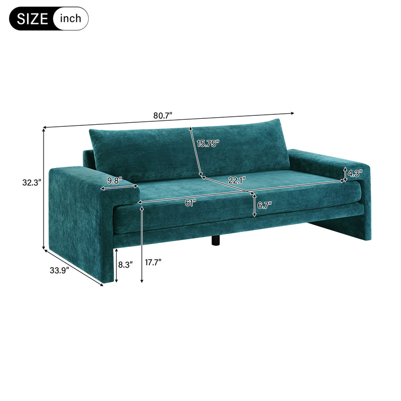 Upholstered 3-seater sofa with wide armrests in teal fabric, size diagram overlay.