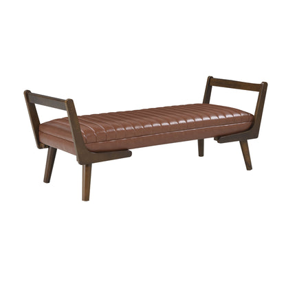 Mid-century bench with wood legs, dark brown tufted upholstery and end backrests