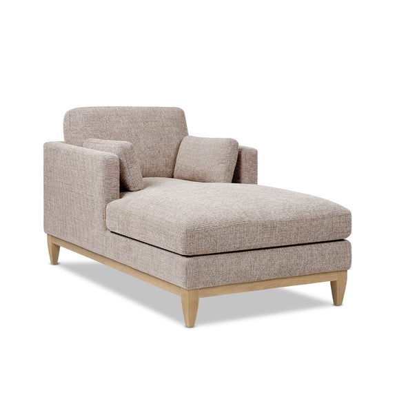 Light brown fabric chaise lounge chair with square cushions and tapered legs