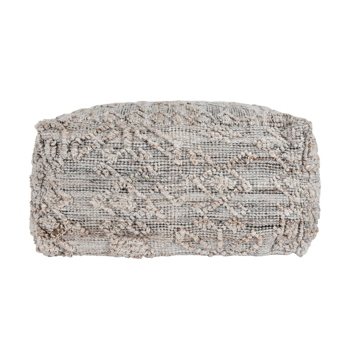 Gray multi textured fabric pouf, cylindrical roll top, chunky knit loop weave