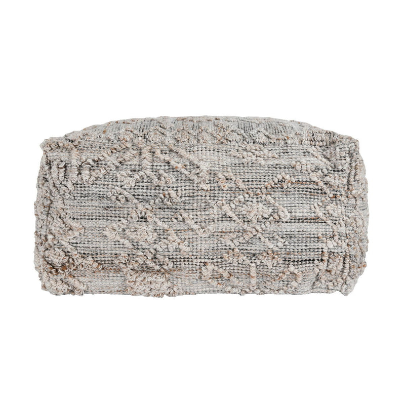 Gray multi textured fabric pouf, cylindrical roll top, chunky knit loop weave