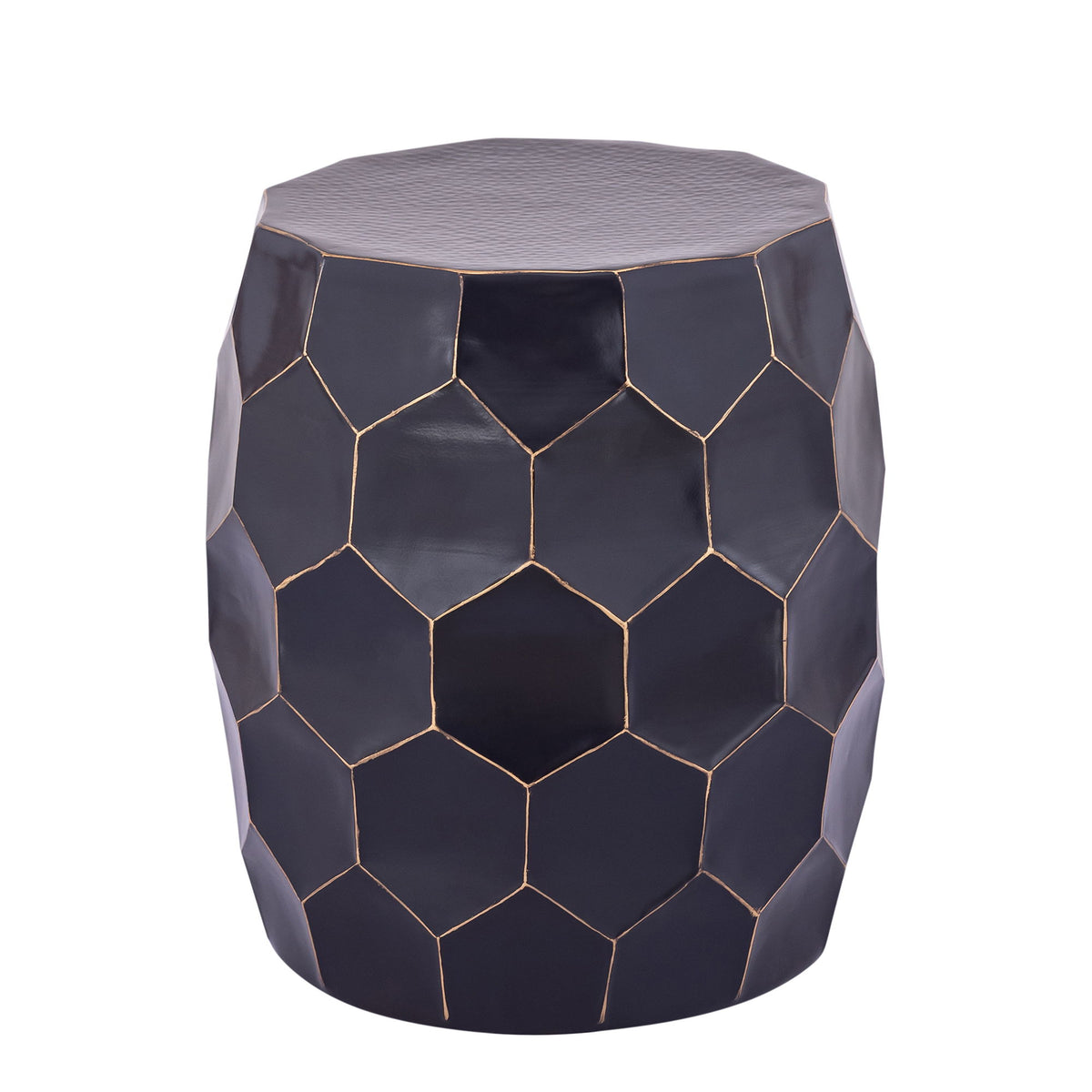 Round end table with dark hex-patterned sides and textured top surface