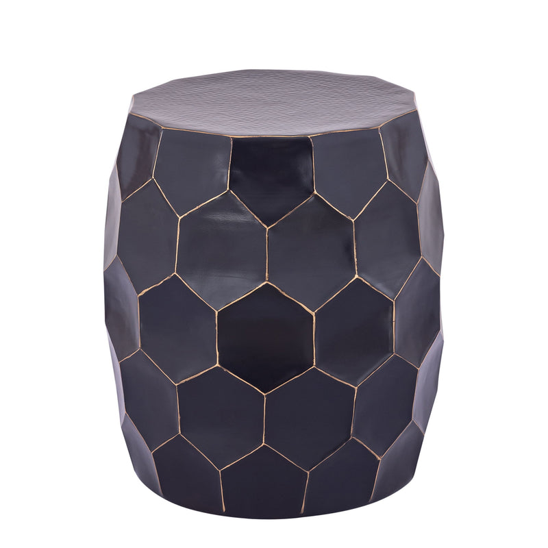 Round end table with dark hex-patterned sides and textured top surface