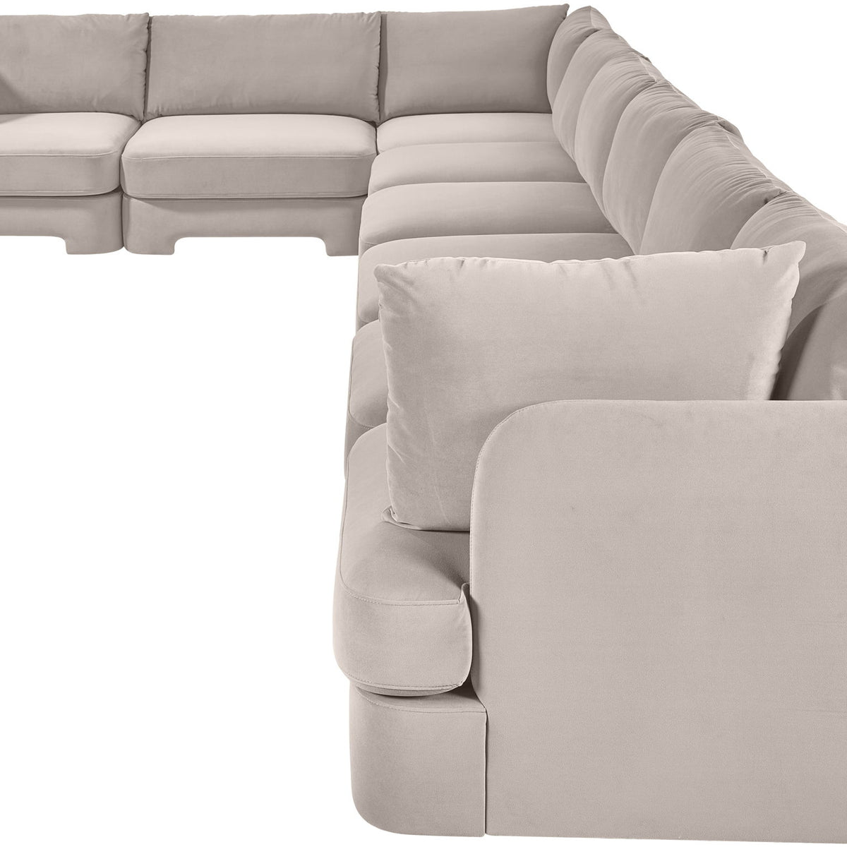 Light gray L-shaped velvet sectional sofa with curved chaise lounge and square arms