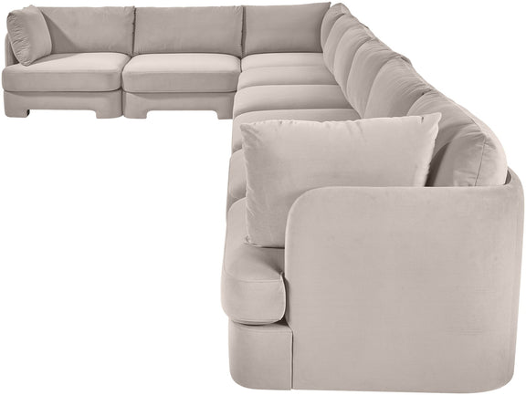 Light gray L-shaped velvet sectional sofa with curved chaise lounge and square arms