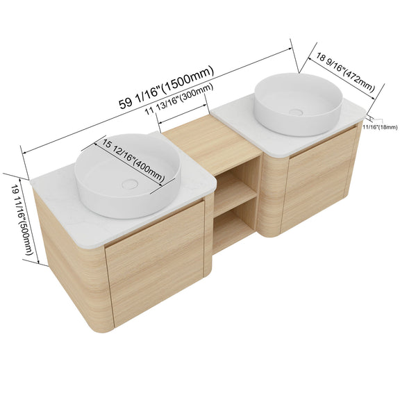 Mounted bathroom vanity with art sinks, light wood cabinet, white sink bowls on white countertop
