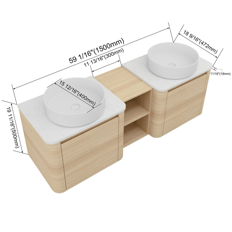 Mounted bathroom vanity with art sinks, light wood cabinet, white sink bowls on white countertop