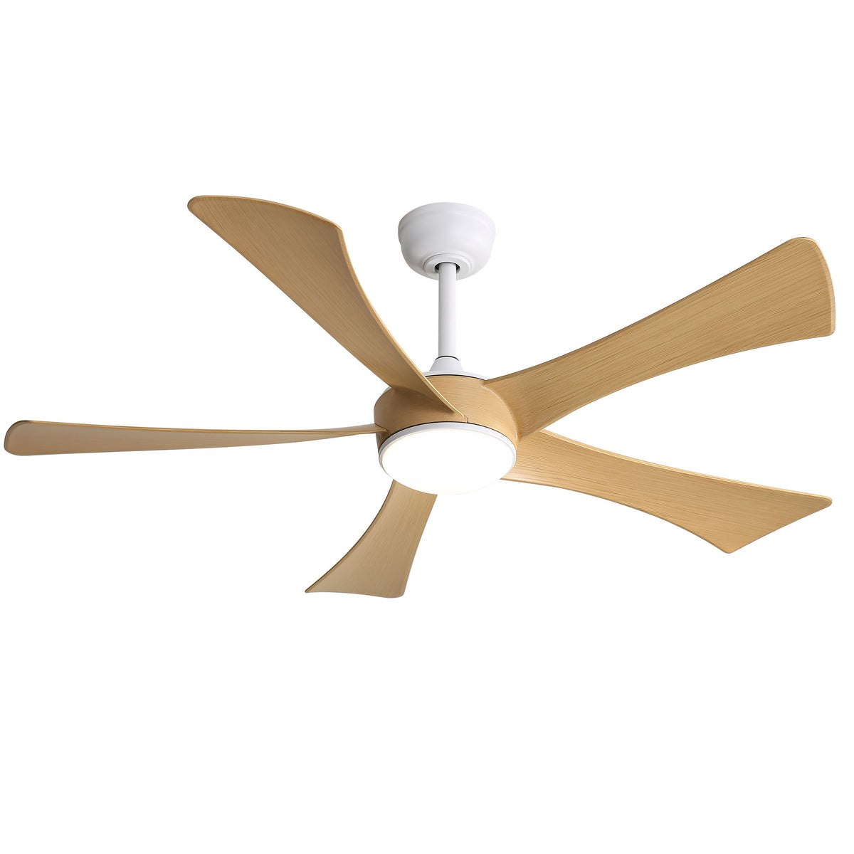 52-inch ceiling fan with white housing and five light-wood blades