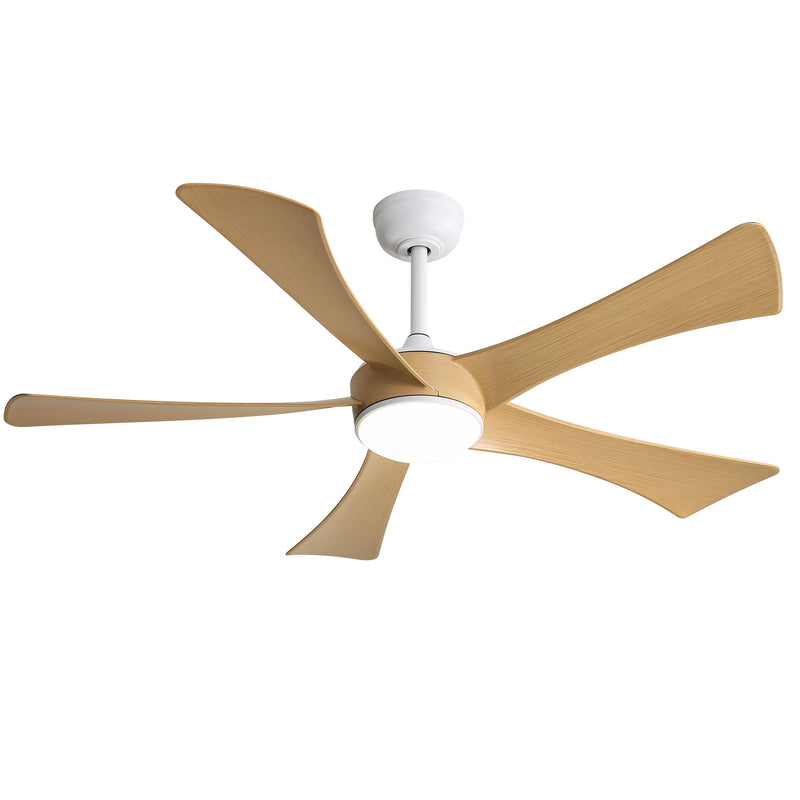 52-inch ceiling fan with white housing and five light-wood blades