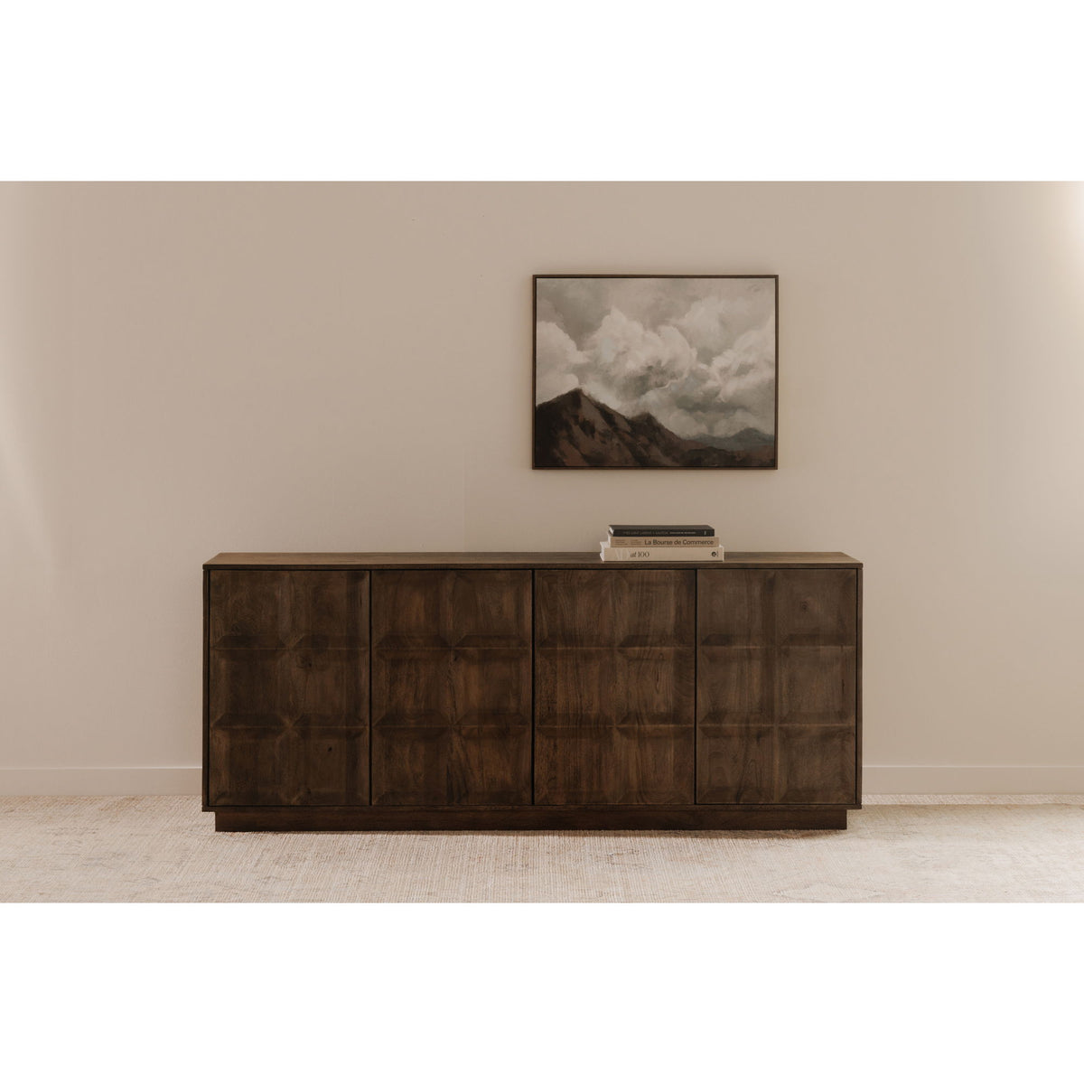Deep brown low sideboard with multiple square paneled cabinet doors and flat top