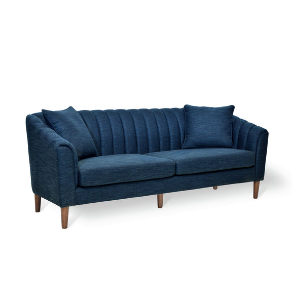 Navy blue 3-seater sofa with button-tufted back, wide seat cushions, wooden feet