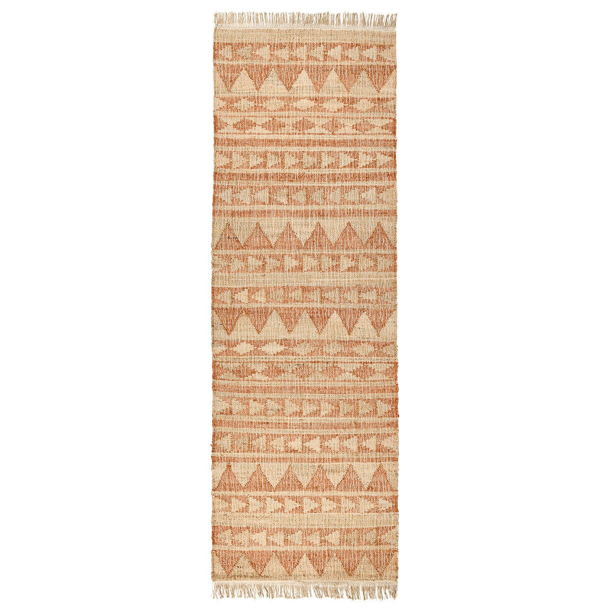 Terracotta and natural distressed geometric rug with fringe edges and repeating triangle motifs.