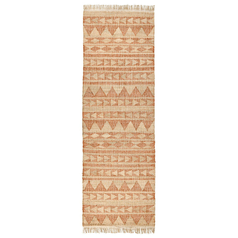 Terracotta and natural distressed geometric rug with fringe edges and repeating triangle motifs.