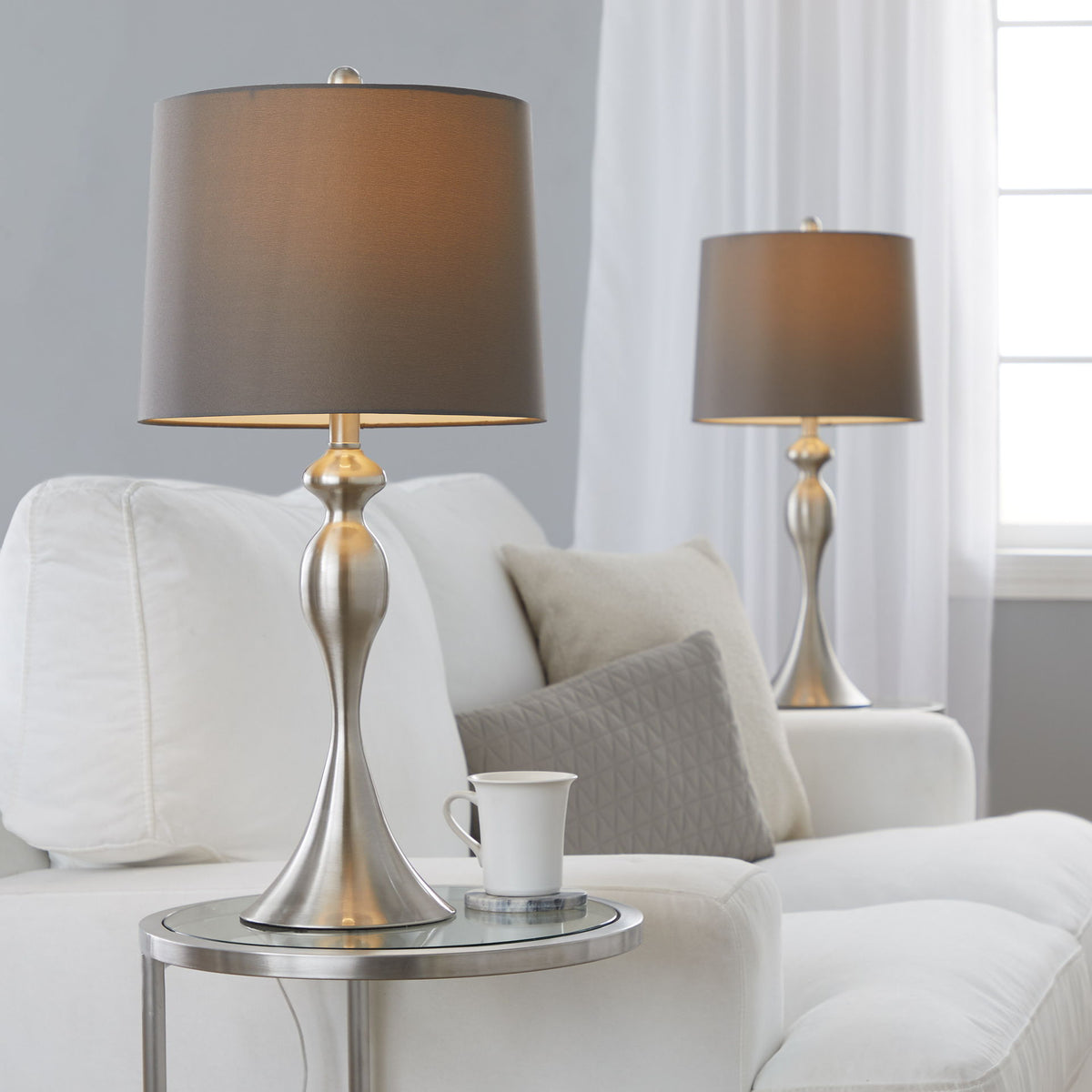 Ashland contemporary table lamp set of 2 with brown fabric shades and silver bases