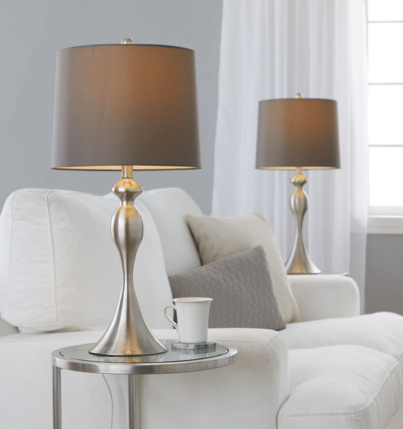 Ashland contemporary table lamp set of 2 with brown fabric shades and silver bases