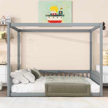 Full Size Canopy Frame Rubber Wood Floor Bed with Fence, Guardrails, Grey