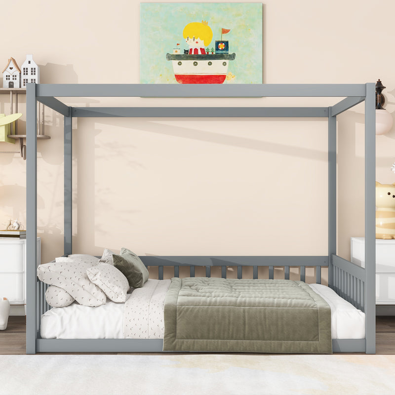Full Size Canopy Frame Rubber Wood Floor Bed with Fence, Guardrails, Grey