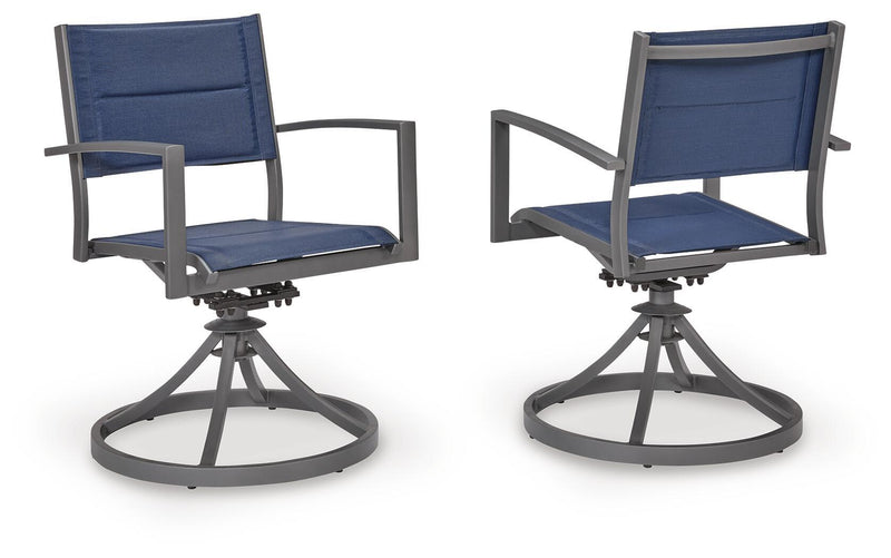 Set of two blue sling swivel chairs with gray frames and round bases