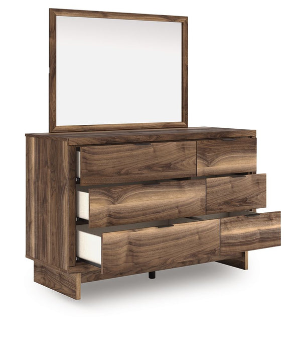 Brown wood dresser with four drawers and square mirror, angled view