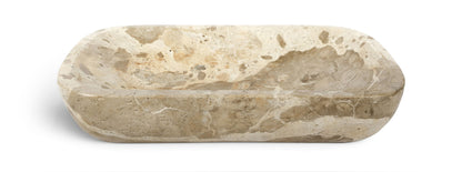 Beige marble tray with speckled texture, oval shallow dish