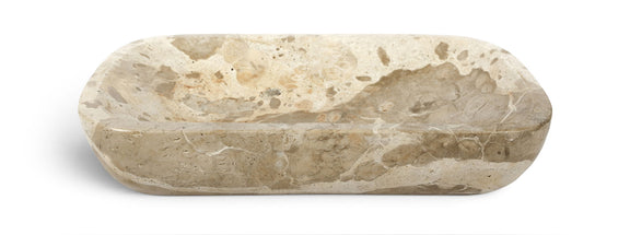 Beige marble tray with speckled texture, oval shallow dish