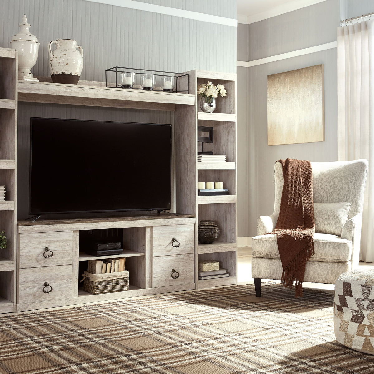 Willowton - Whitewash - 4-Piece Entertainment Center
