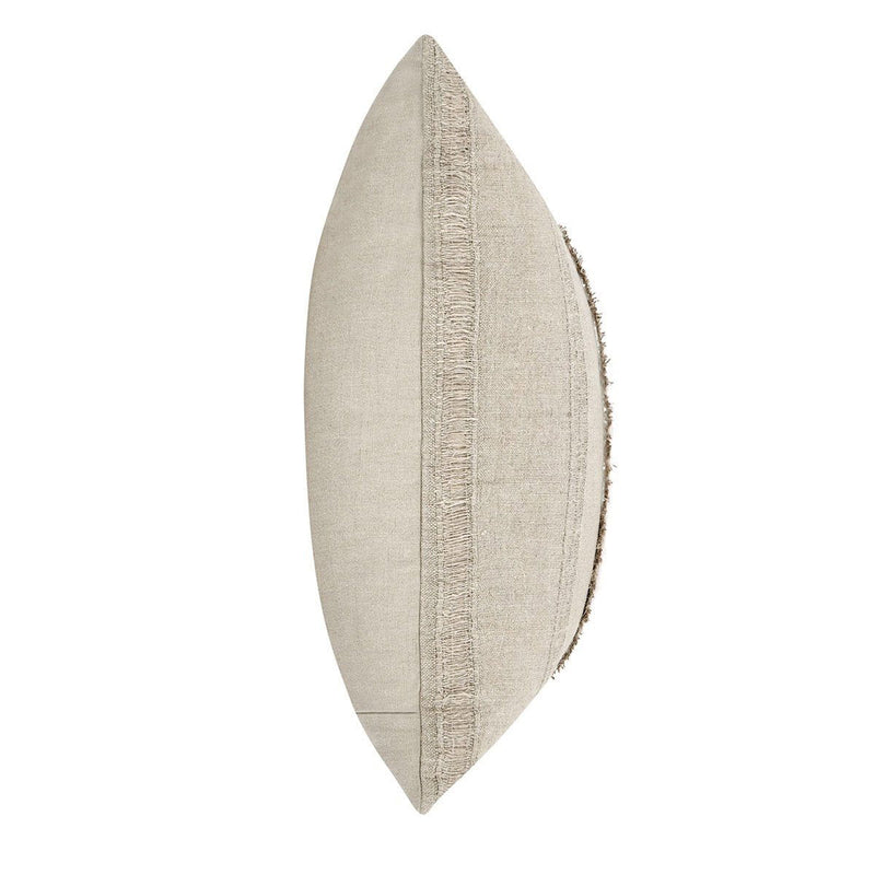 Natural linen pillow side view with stitched border and frayed edge detail