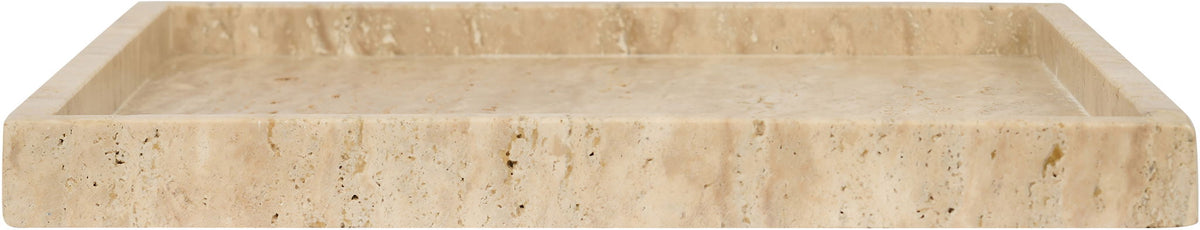 Beige travertine tray with square top view, shallow sides, and natural speckling