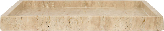 Beige travertine tray with square top view, shallow sides, and natural speckling