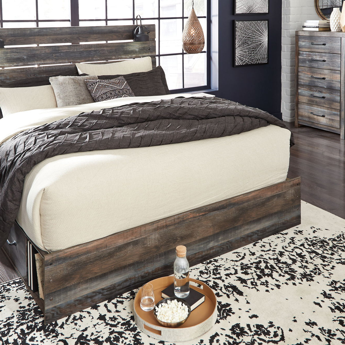 Panel bed with dark wood frame, slat headboard, and a beige upholstered panel