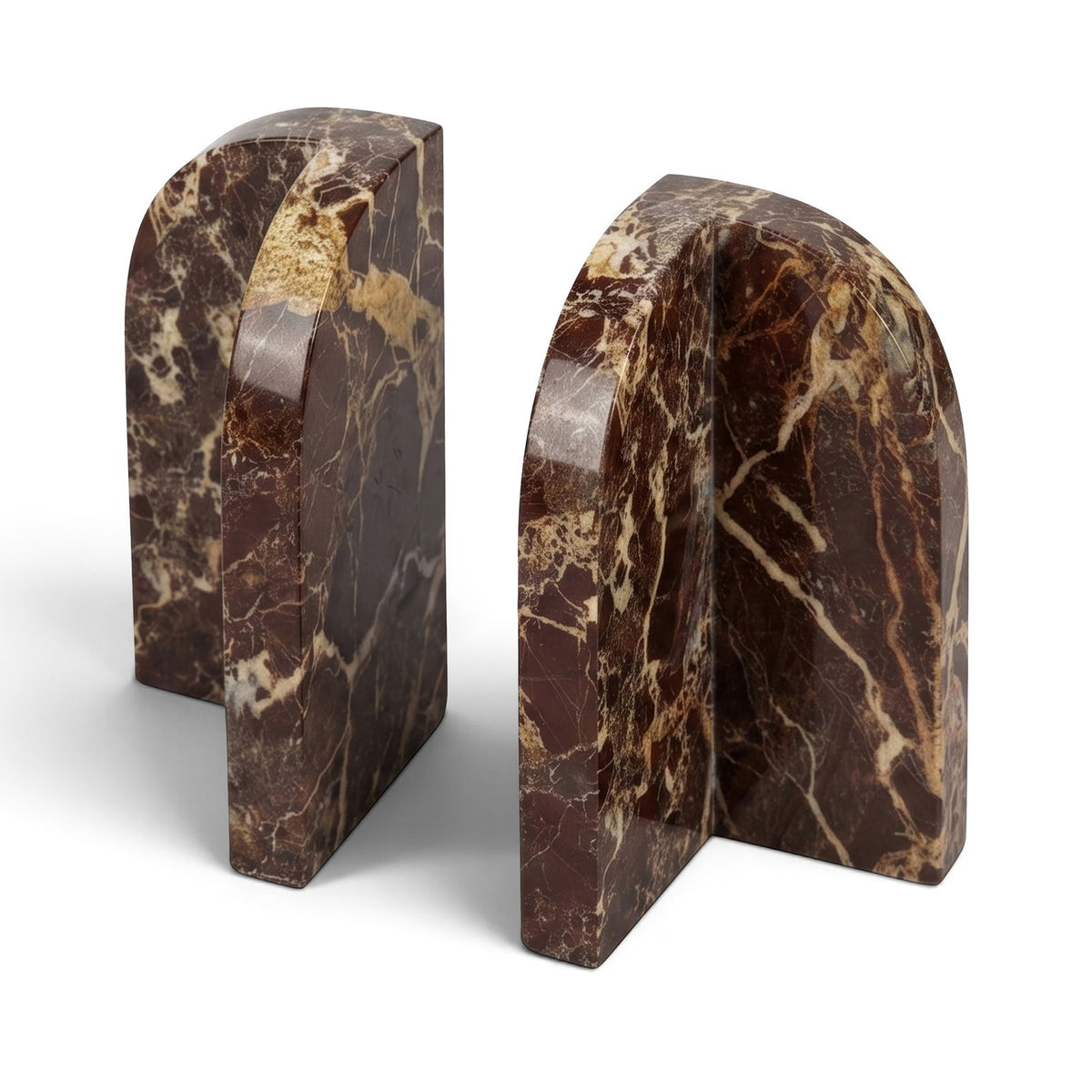 Brown marble bookends with dramatic veining and arched back, set of 2