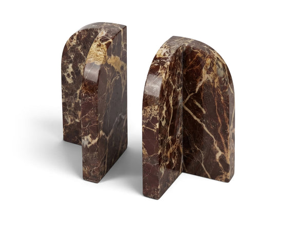 Brown marble bookends with dramatic veining and arched back, set of 2