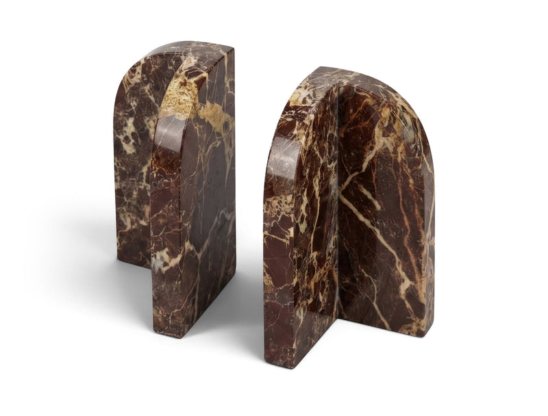 Brown marble bookends with dramatic veining and arched back, set of 2