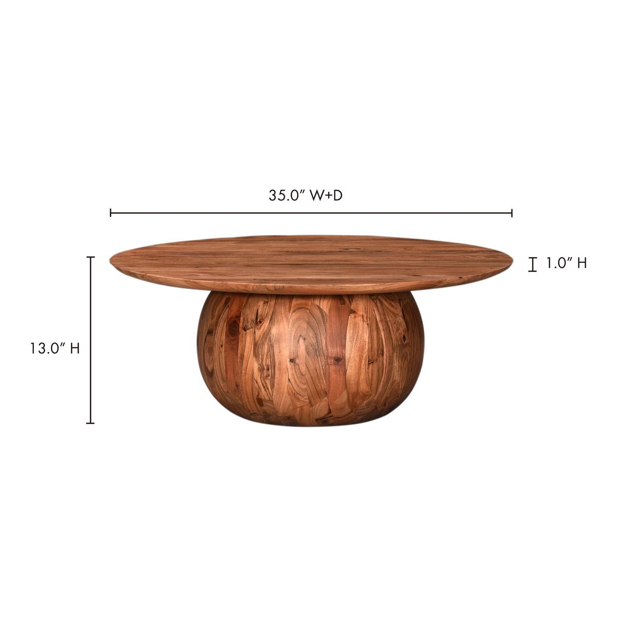 Round natural wood coffee table, 35 in diameter and 13 in height
