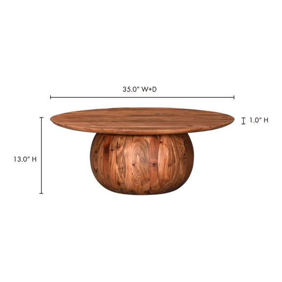 Round natural wood coffee table, 35 in diameter and 13 in height