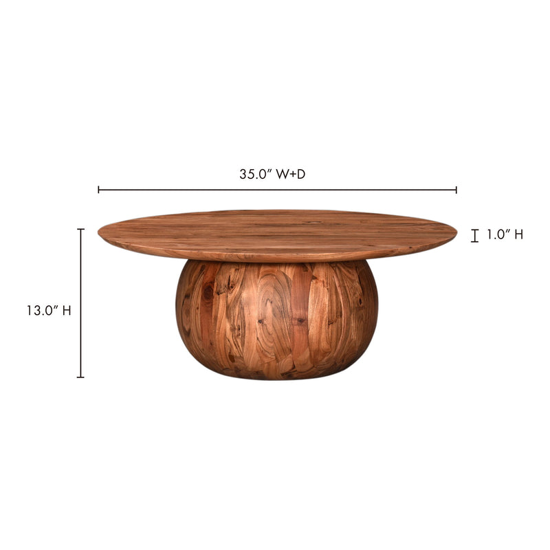 Round natural wood coffee table, 35 in diameter and 13 in height